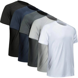 MCPORO Workout Shirts for Men Short Sleeve Quick Dry Athletic Gym Active T Shirt Moisture Wicking XX-Large 5 Pack Black, Dark Grey, Light Grey, White, Navy