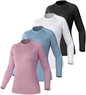 TELALEO 4 Pack Women's Compression Shirt Long Sleeve Performance Workout Baselayer Athletic Top Sports Gear Large Long Sleeve-black+grey+blue+purple