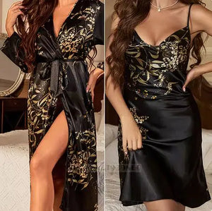 Cherry Print Satin Nightgown & Robe Set