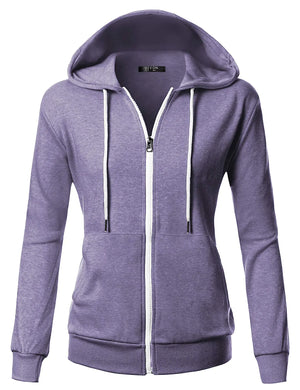 GIVON Basic Lightweight Zip Up Hoodie Long Sleeve Thin Hooded Jacket for Women with Plus Size Inside Pocket(dcf200)-lavender X-Small