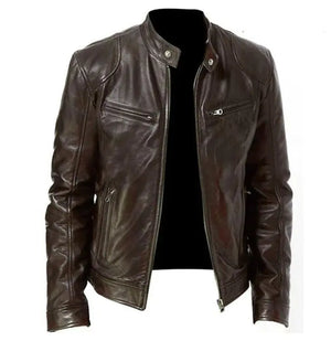 Men's Zip Cardigan PU Leather Jacket With Stand Collar