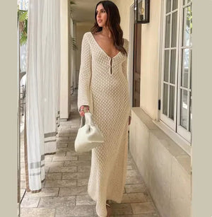 Elegant Sheer V-Neck Knitted Beach Dress – Long Sleeve Cover-Up for Summer & Fall