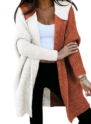 Astylish Women 2024 Open Front Long Sleeve Hooded Knit Cardigan Sweaters Color Block Outwear Coat Medium Brown