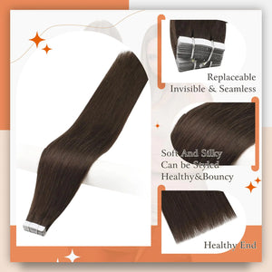 Full Shine Tape in Hair Extensions Remy Human Hair Invisible Skin Weft Color 2 Dark Brown Tape Hair Extensions Brazilian Hair 18 Inch 50 Gram Per Package 20 Pieces Seamless Human Hair Extensions # 2 Brown