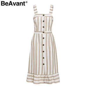 BeAvant Casual striped linen cotton dress women Button strap beach summer dress 2019 Sexy backless midi ladies dresses vestidos