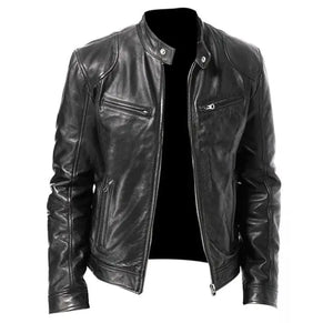 Men's Zip Cardigan PU Leather Jacket With Stand Collar