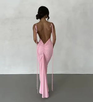 Elegant Backless Spaghetti Strap Maxi Dress - Sexy Ruched Summer Party Outfit for Women