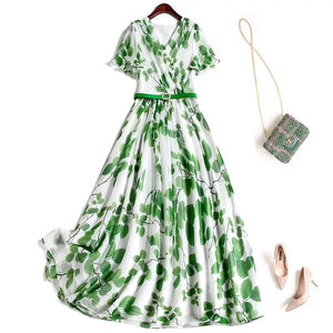 Women Summer Leaf Print Midi Dress