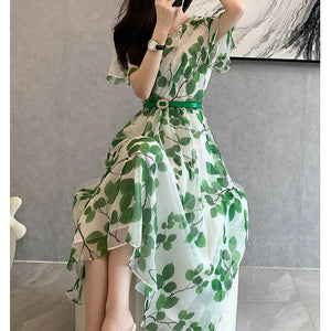 Women Summer Leaf Print Midi Dress