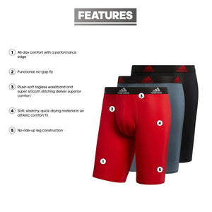 adidas Men's Performance Long Boxer Brief Underwear (3 - Pack) X - Large Scarlet Red/Black/Onix Grey - Rieworkes