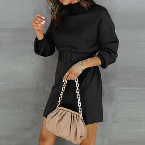 Elegant Turtleneck Sweater Dress with Belt