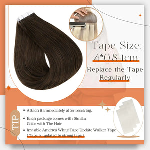 Full Shine Tape in Hair Extensions Remy Human Hair Invisible Skin Weft Color 2 Dark Brown Tape Hair Extensions Brazilian Hair 18 Inch 50 Gram Per Package 20 Pieces Seamless Human Hair Extensions # 2 Brown