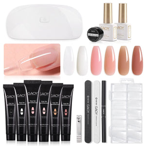 GAOY Poly Gel Nail Kit with U V Light Starter Kit, 6 Colors Nude Pink Black Builder Gel Nail Extension Kit for Beginners with Everything Nail Art DIY at Home Set C