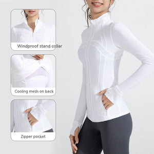 Stand Collar Sports Running Workout Long Sleeve Zipper Jacket for Women