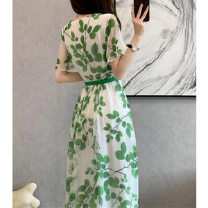 Women Summer Leaf Print Midi Dress