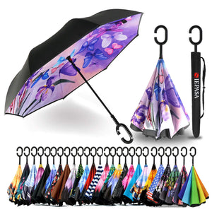 SIEPASA 49/56 Inch Inverted Reverse Upside Down Umbrella, Extra Large Double Canopy Vented Windproof Waterproof Stick Golf Umbrellas with C-shape Handle. Blue Butterfly 49 Inch