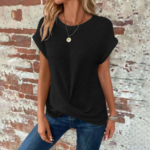 Chic and Comfy: Summer Solid Color Waffle Crew Neck Tee for Women