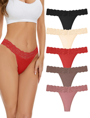 voenxe Seamless Lace Thongs for Women No Show Thong Underwear,Lady Breathable Comfort Panty Soft Laser Cut Undie,Tanga,5-Pack Coffee X-Small