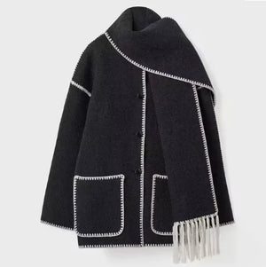 Women's Thick Woolen Coat with Scarf