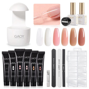 GAOY Poly Gel Nail Kit with U V Light Starter Kit, 6 Colors Nude Pink Black Builder Gel Nail Extension Kit for Beginners with Everything Nail Art DIY at Home Set C