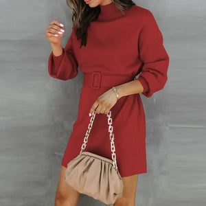 Elegant Turtleneck Sweater Dress with Belt