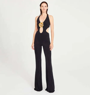 Golden Bloom Halter Backless Jumpsuit