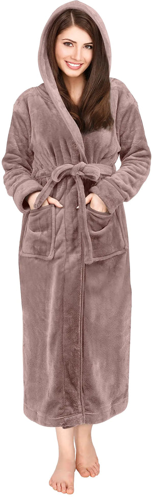 NY Threads Women's Fleece Hooded Bathrobe Plush Long Spa Robe X-Large Taupe