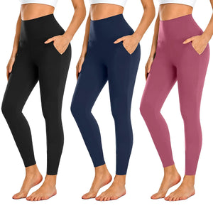 NEW YOUNG 3 Pack Leggings with Pockets for Women,High Waisted Tummy Control Workout Yoga Pants Small-Medium 3 Pack-c-black/Navy/Rose Pink