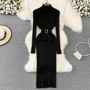 Turtleneck Sexy Wrap Hips Knitted Dresses