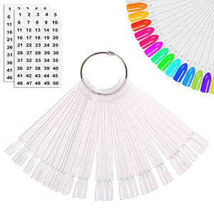 JASSINS 150 Pcs Nail Swatch Sticks with Ring and Number posted, Clear Fan-shaped Nail Art Polish Practice Display Tips Nail Sample Sticks, Nail Practice Color Display Polish Board C. Transparent (150 PCS)