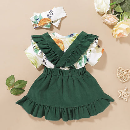 Three Pcs Girls Cotton Set. Romper, Strap Skirt And Headband